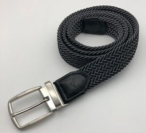 Tommy Bahama Braided Belt Mens L/XL Black Gray Stretch Woven Leather Trim